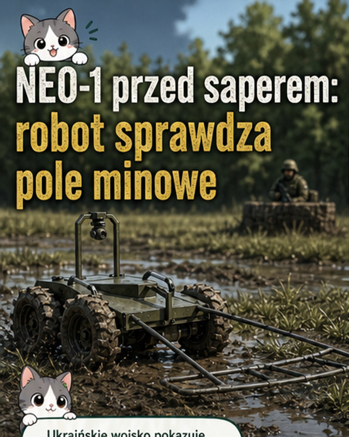 Ukraiński robot saperski NEO-1 na trawiastym terenie, z widoczną kamerą i wykrywaczem metali, gotowy do pracy na polu minowym