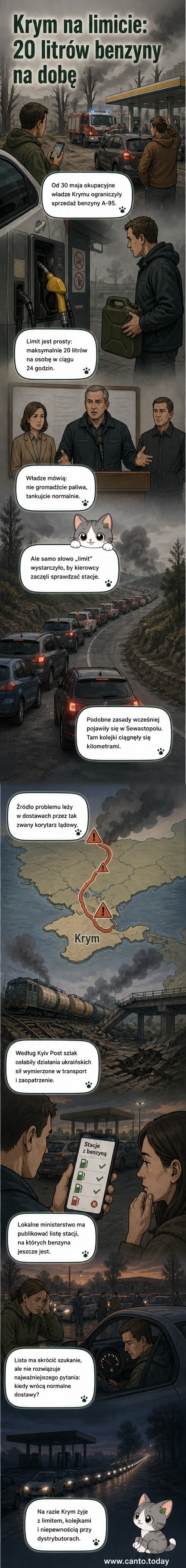 Mapa Krymu z oznaczonymi stacjami paliw, przy których tworzą się kolejki; w tle tankujący mieszkańcy i znak informujący o limicie 20 litrów na osobę.