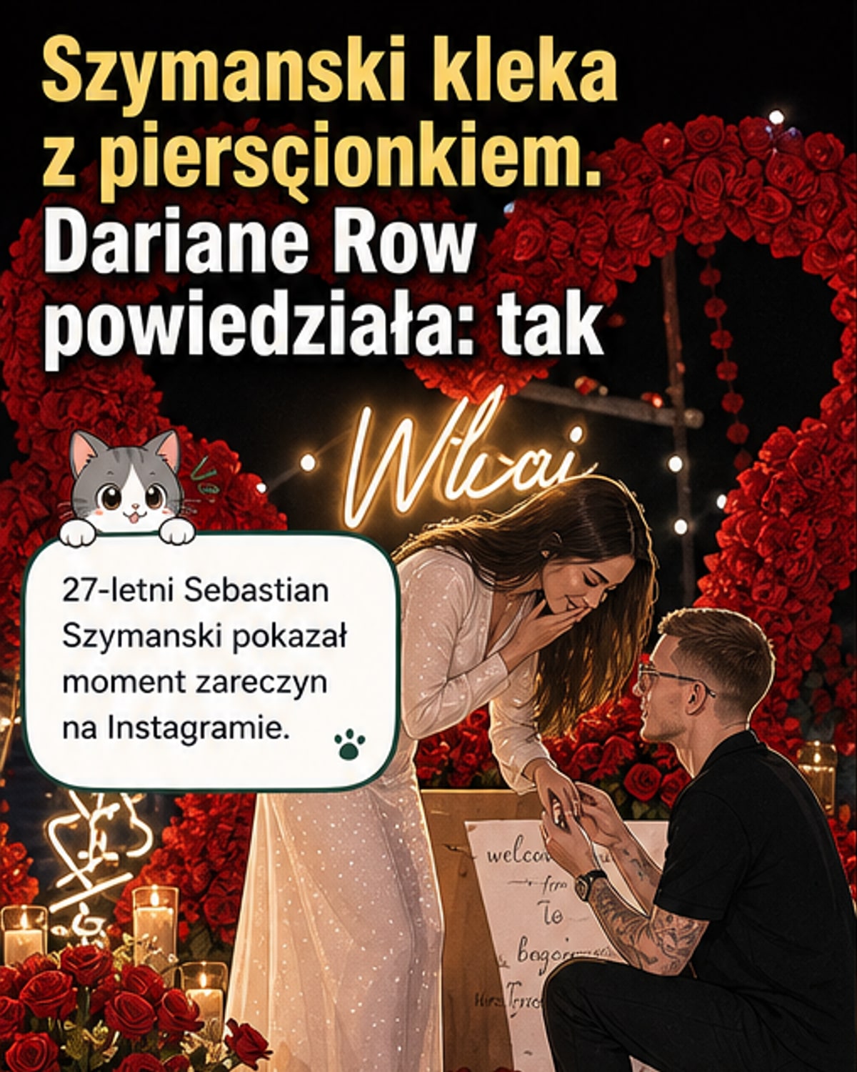 Zdjęcie z oświadczyn: Sebastian Szymański klęczy przed Dariane Row, trzymając jej dłoń z pierścionkiem zaręczynowym, w tle romantyczne oświetlenie i róże.