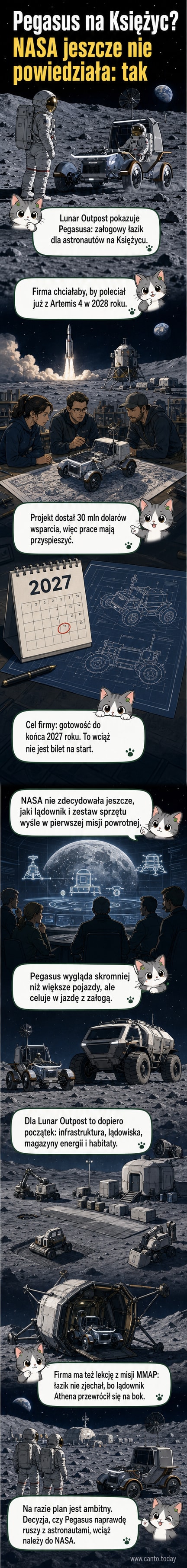 Wizja artystyczna łazika księżycowego Pegasus firmy Lunar Outpost na tle krajobrazu Księżyca, z porównaniem rozmiarów do innego łazika Eagle po prawej stronie.