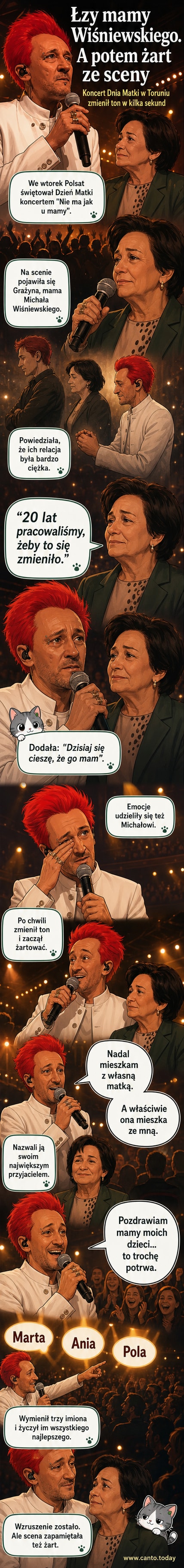 Michał Wiśniewski na scenie podczas koncertu, uśmiecha się, podczas gdy jego mama Grażyna płacze z emocji, stojąc obok niego.