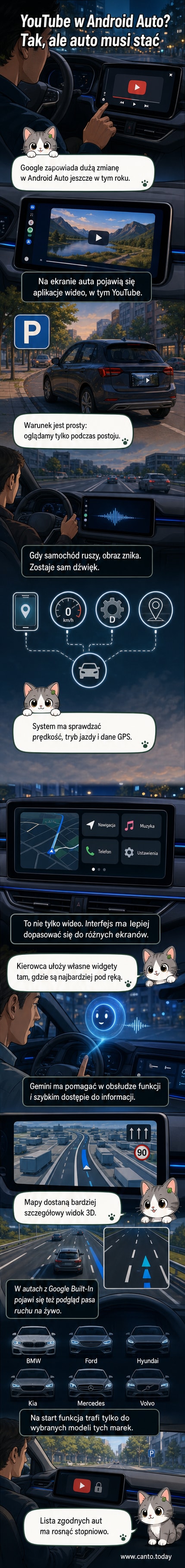 Ilustracja przedstawiająca ekran samochodu z Android Auto, na którym wyświetlane jest wideo z YouTube — ale tylko podczas gdy samochód stoi.
