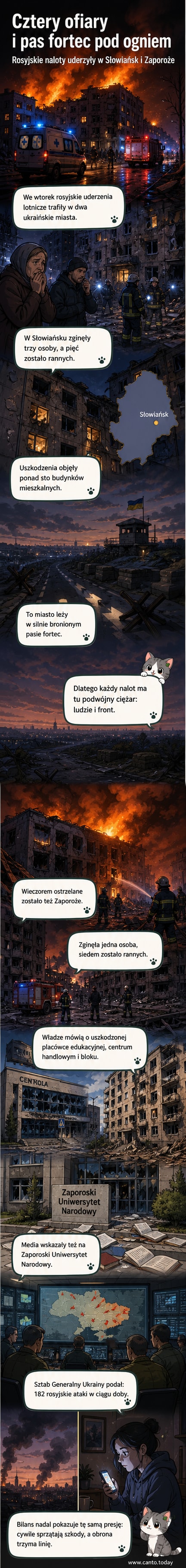 Zniszczony budynek mieszkalny w Słowiańsku po rosyjskim ataku lotniczym, z widocznymi dymami i gruzami na tle miasta.