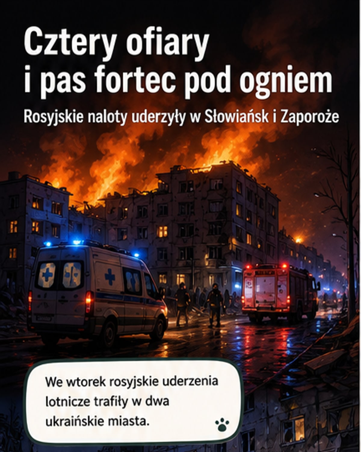 Zniszczony budynek mieszkalny w Słowiańsku po rosyjskim ataku lotniczym, z widocznymi dymami i gruzami na tle miasta.