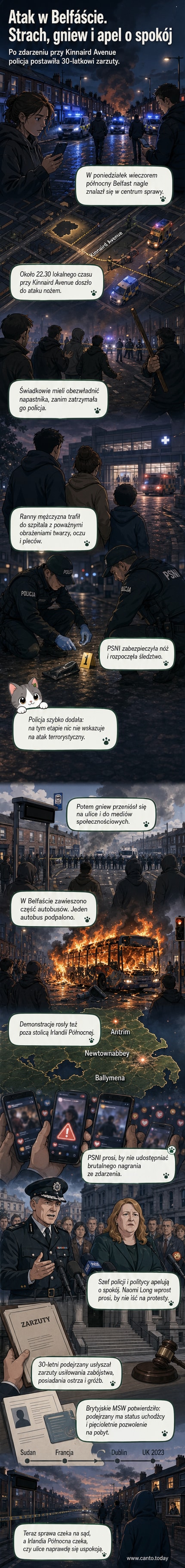 Zdjęcie ulicy w Belfaście z policyjnymi barierami i zgromadzonymi demonstrantami po ataku nożownika