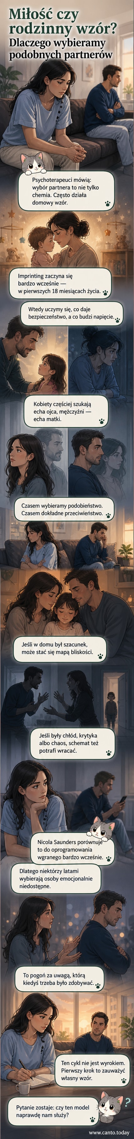 Ilustracja przedstawia parę dorosłych, których sylwetki odbijają się w lustrze jako ich rodzice — symbol powtarzania relacyjnych wzorców z dzieciństwa.