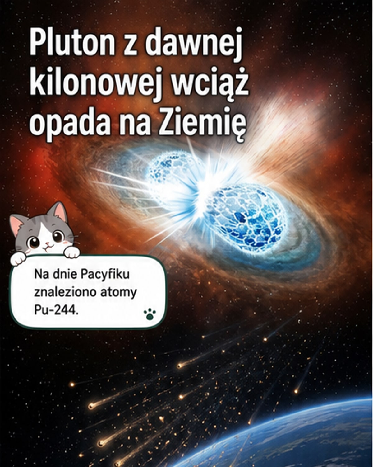Ilustracja przedstawiająca opadające na Ziemię cząstki plutonu z kosmicznego wybuchu, na tle dna oceanicznego i odległej eksplozji dwóch gwiazd neutronowych.