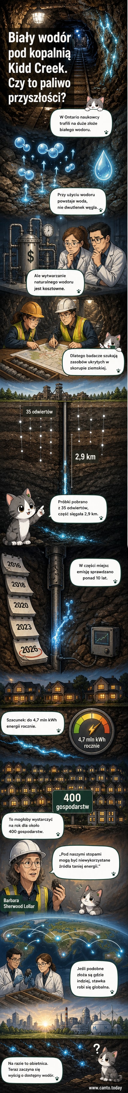 Ilustracja przedstawiająca warstwy ziemi z widocznym naturalnym złożem białego wodoru pod kopalnią Kidd Creek w Kanadzie, z domami zasilanymi czystą energią u góry.