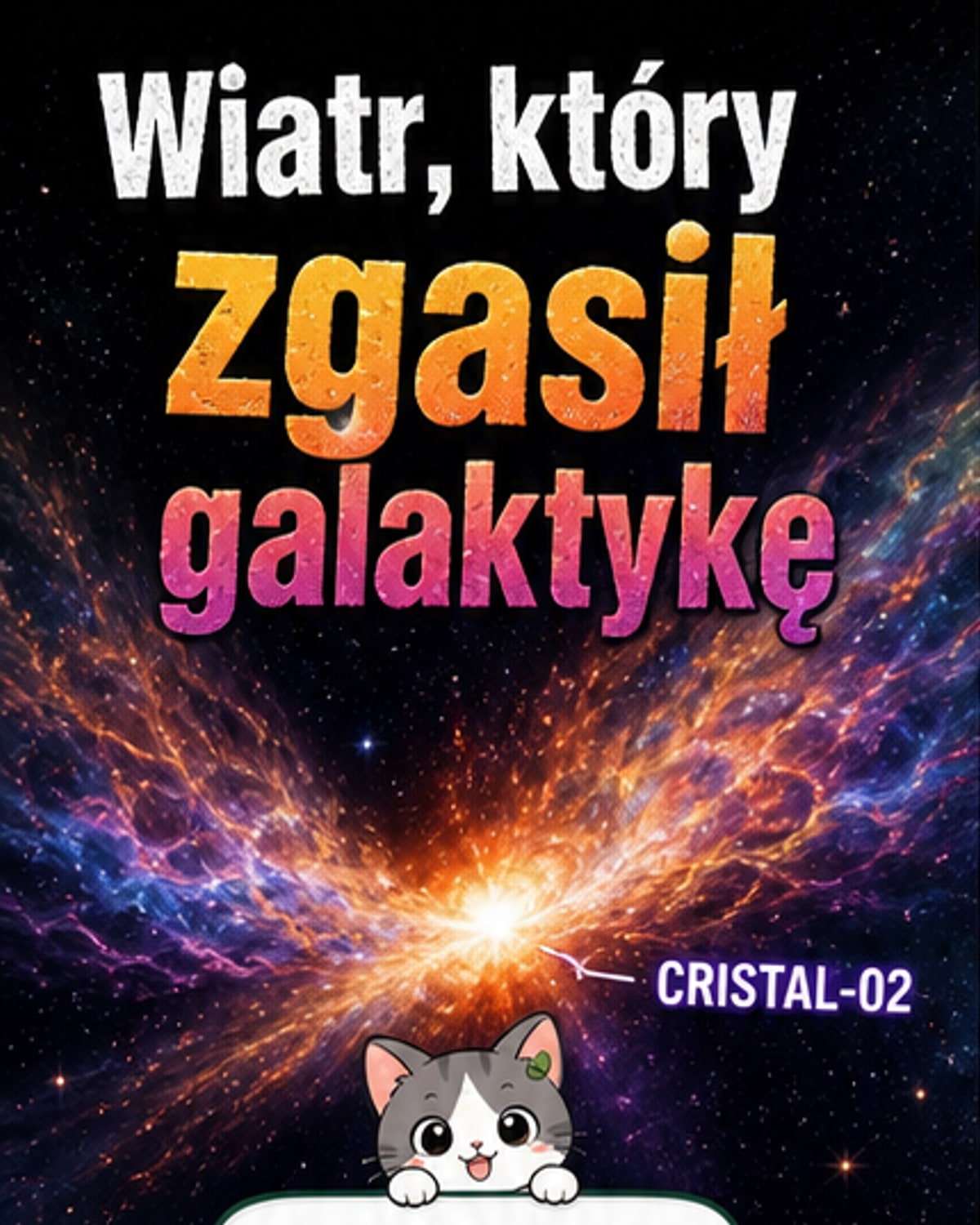 Ilustracja galaktyki CRISTAL-02 z widocznym wiatrem galaktycznym wypływającym na zewnątrz, z wybuchami supernowych w tle.