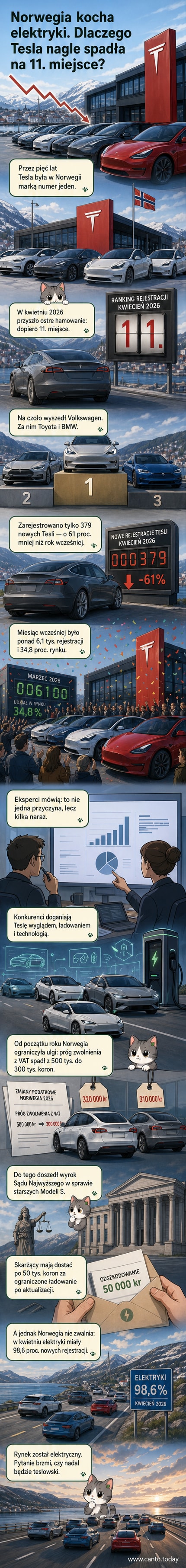 Ilustracja pokazująca spadające na wykresie sprzedażowe pozycje Tesli w Norwegii, na tle rosnącej konkurencji i symboli zmieniających się ustawień podatkowych
