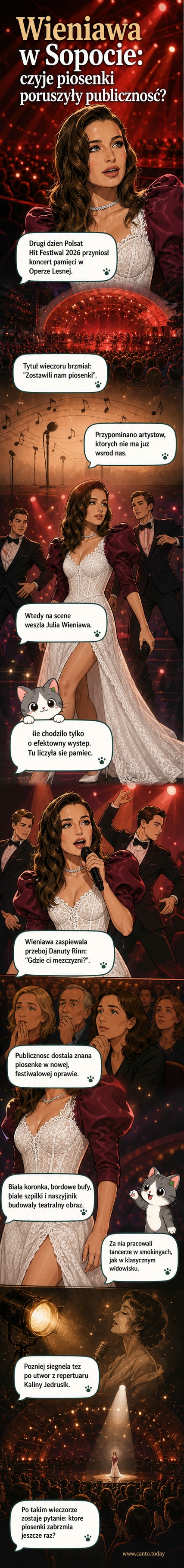 Julia Wieniawa na scenie Opery Leśnej w Sopocie w sukni z białym koronkowym gorsetem i bordowymi rękawami, wśród tancerzy w smokingach.