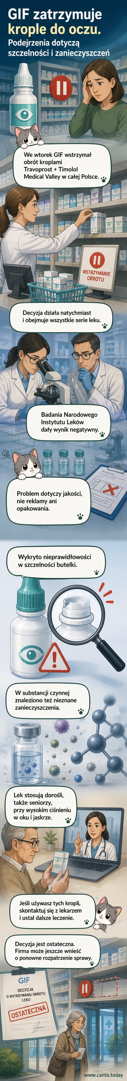 Ilustracja przedstawia butelkę kropli do oczu z czerwoną pieczątką 'wstrzymano', na tle tła apteki i dokumentów urzędowych