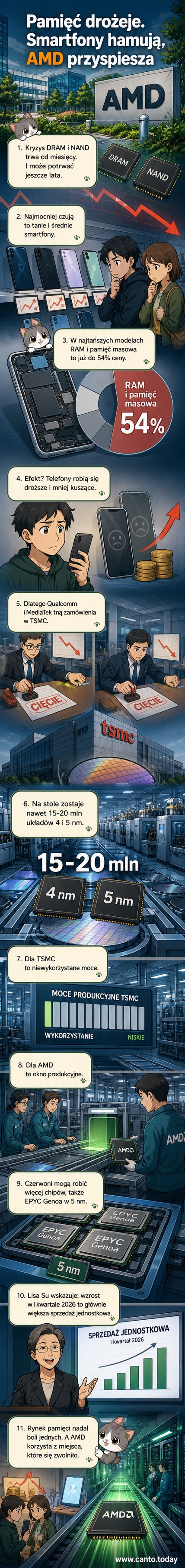 Ilustracja przedstawia fabrykę chipów z logo AMD, obok wykres spadku popytu na pamięci i rosnącą linię sprzedaży procesorów.