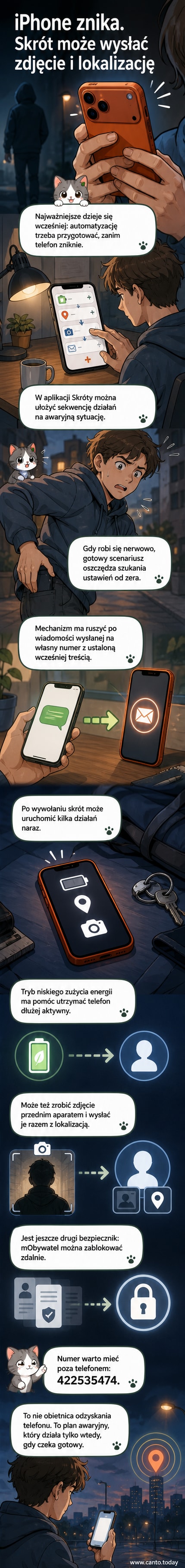 Ilustracja przedstawiająca iPhone’a z widocznym ekranem, na którym widać aplikację Skróty i schemat automatycznego działania: SMS uruchamia lokalizację i zdjęcie z kamery przedniej.