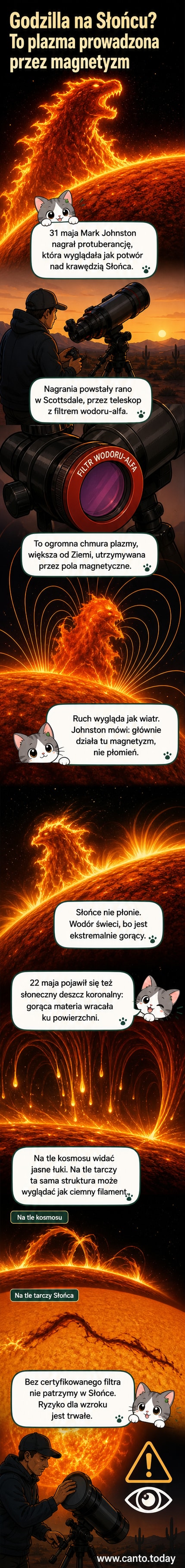 Ilustracja przedstawiająca olbrzymią protuberancję przypominającą Godzillę, unoszącą się nad tarczą Słońca, z widocznymi łukami plazmy i polami magnetycznymi.
