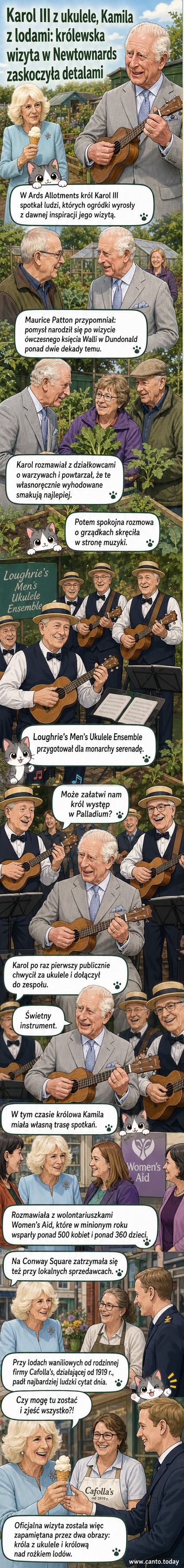 Król Karol III gra na ukulele, podczas gdy królowa Kamila uśmiecha się, trzymając w ręku kubek z lodami na tle stoisk handlowych i działek warzywnych.