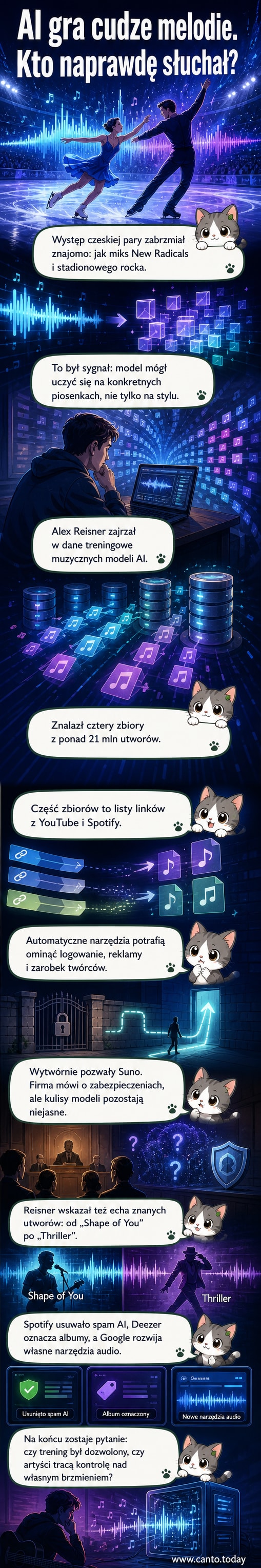 Ilustracja przedstawiająca neuronową sieć muzyczną, z której wyłaniają się znane nuty i fragmenty piosenek, przykrywające ikony Spotify i YouTube.