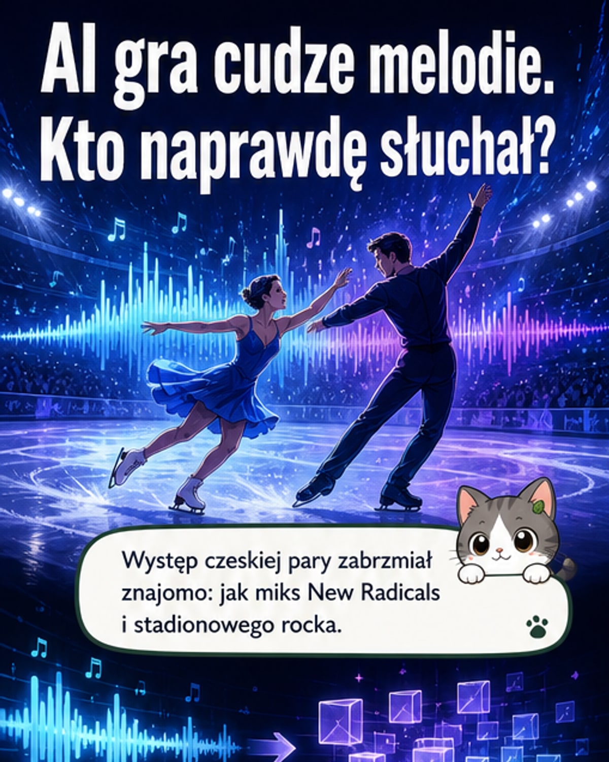 Ilustracja przedstawiająca neuronową sieć muzyczną, z której wyłaniają się znane nuty i fragmenty piosenek, przykrywające ikony Spotify i YouTube.