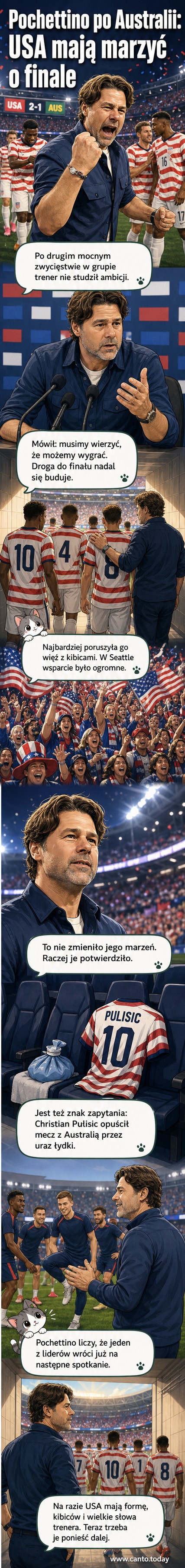 Trener Mauricio Pochettino podczas konferencji prasowej po meczu USA z Australią na Mistrzostwach Świata 2026, w tle grafika mundialu i flagi krajów.