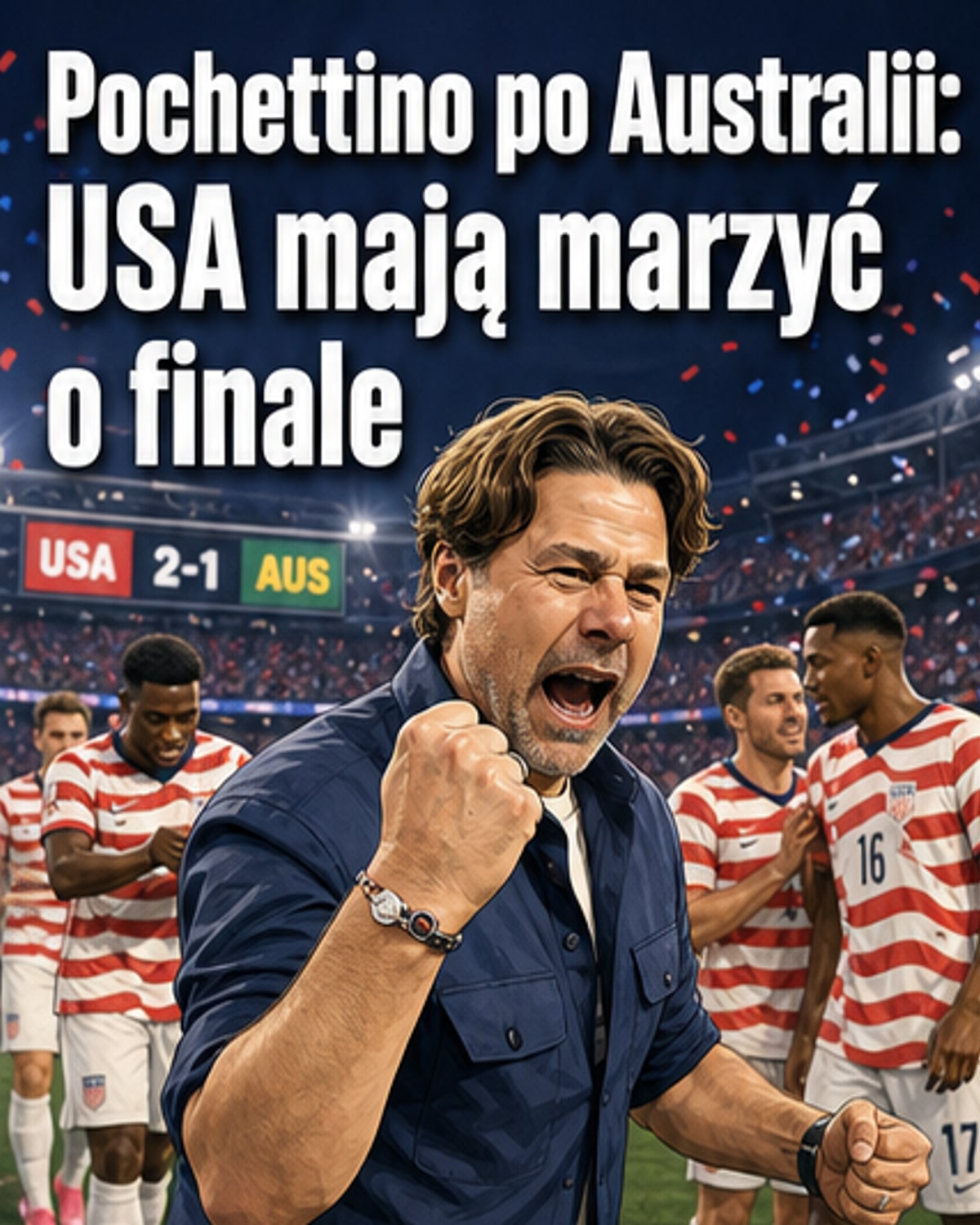 Trener Mauricio Pochettino podczas konferencji prasowej po meczu USA z Australią na Mistrzostwach Świata 2026, w tle grafika mundialu i flagi krajów.