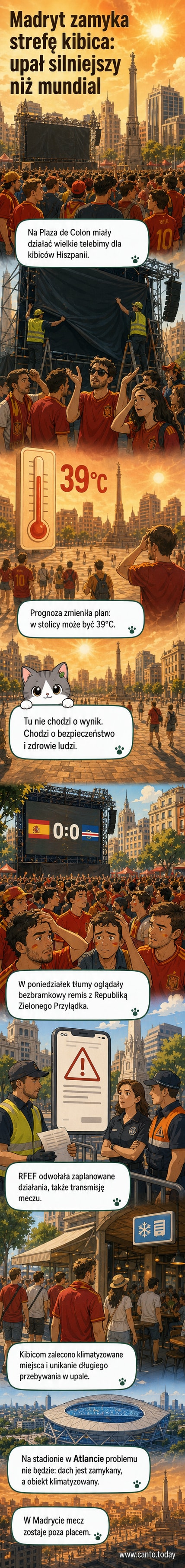 Pusta Plaza de Colon w Madrycie, z wygaszonym dużym ekranem i komunikatem o odwołaniu transmisji meczu z powodu upału