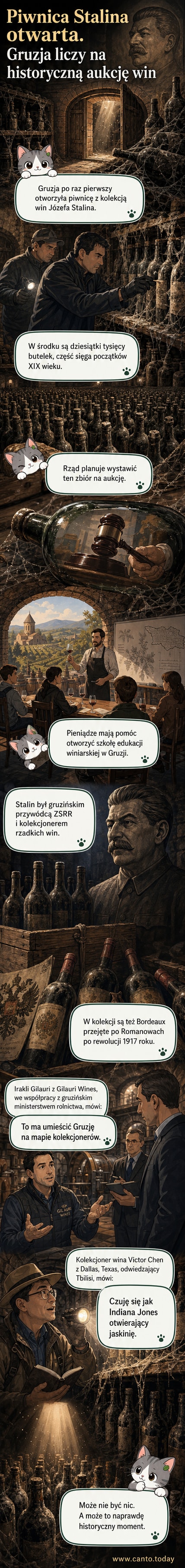 Stare butelki wina pokryte kurzem i pajęczynami w ciemnej piwnicy, otoczone przez grupę osób w rękawiczkach, jedna z butelek podświetlona latarką.