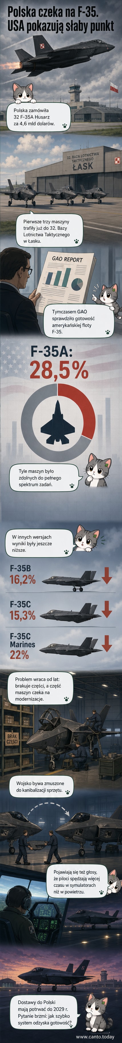 F-35A myśliwiec ląduje na amerykańskiej bazie, tło z lotu ptaka, z napisem 'Gotowość F-35: 28,5%'