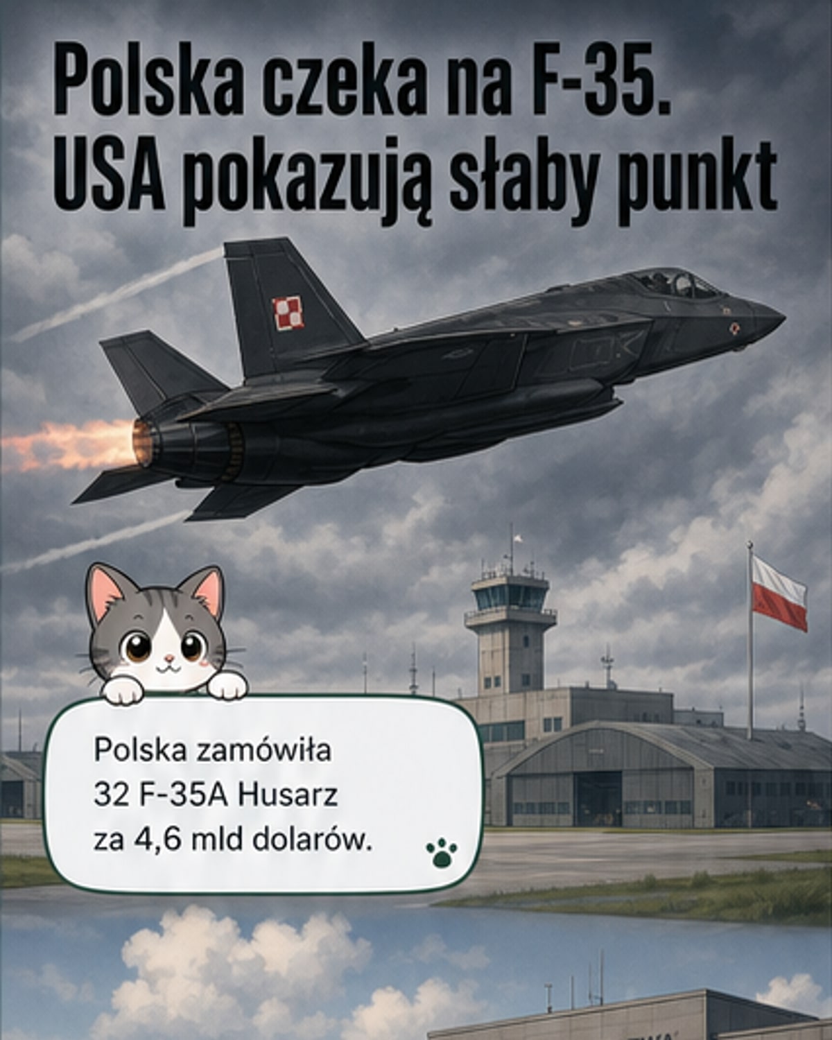F-35A myśliwiec ląduje na amerykańskiej bazie, tło z lotu ptaka, z napisem 'Gotowość F-35: 28,5%'