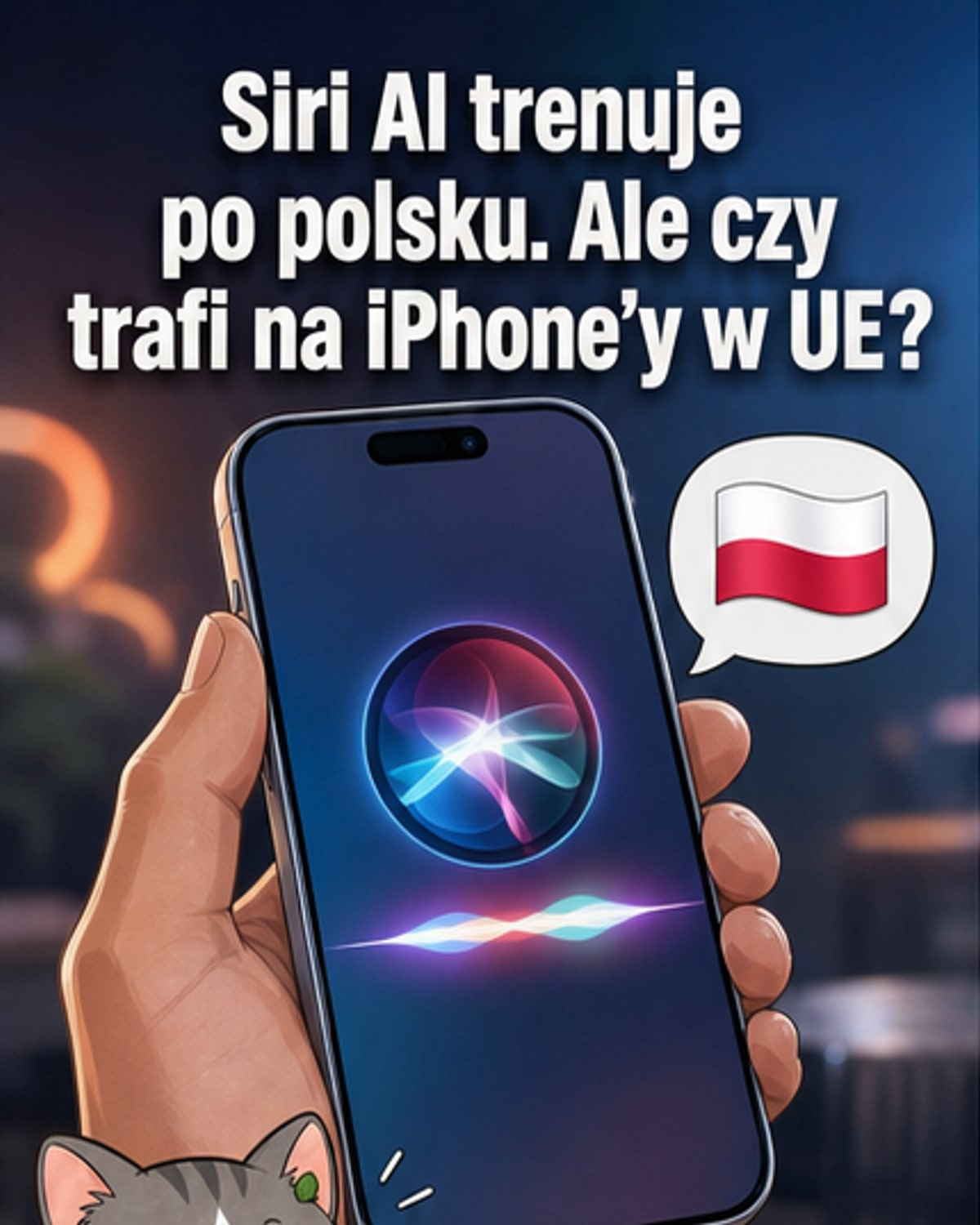 Ilustracja przedstawiająca ikonę Siri z flagą Polski i znakiem zapytania, symbolizująca oczekiwanie na obsługę języka polskiego.