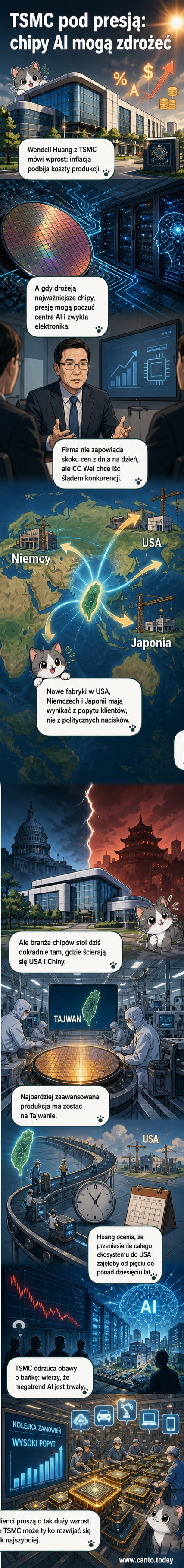 Ilustracja przedstawiająca fabrykę chipów TSMC z elementami technologicznymi i globem, symbolizującym globalną ekspansję firmy.