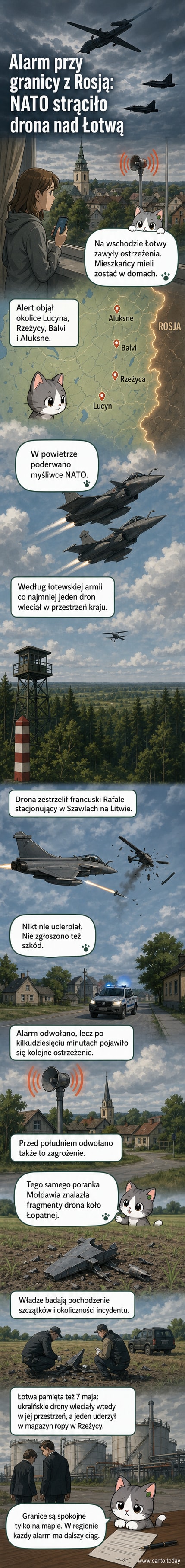 Ilustracja przedstawia myśliwiec NATO nad granicą Łotwy i Rosji, z dronem w trakcie zestrzelenia, tło alarmu powietrznego.