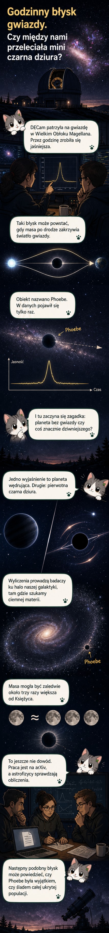 Ilustracja przedstawiająca tajemniczy obiekt Phoebe przesuwający się przed tłem odległej gwiazdy, zakrzywiający jej światło przez mikrosoczewkowanie grawitacyjne, z widocznym efektem poświaty.
