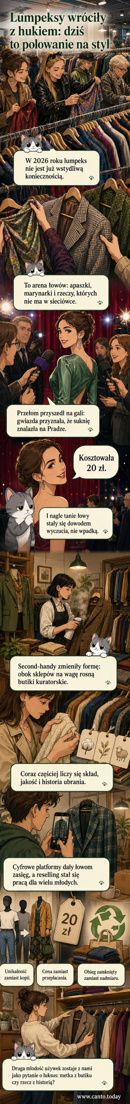 Ilustracja: tłum ludzi w modnym lumpeksie, gdzie emerytka i influencerka sięgają po tę samą vintage'ową marynarkę, na ścianie wiszą metki z napisem '20 zł'.
