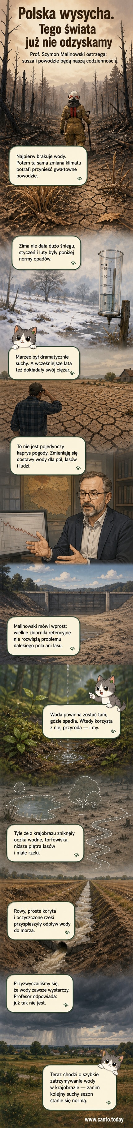 Ilustracja przedstawia suchy krajobraz Polski — pęknięte pola, przesuszone łąki, puste zbiorniki wodne i drzewa zwiędłymi koronami, na tle niebieskiego, bezchmurnego nieba.
