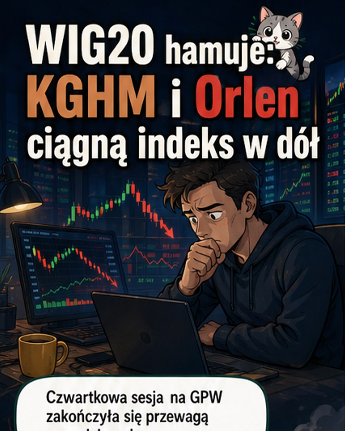 Wykres WIG20 z dnia 18 czerwca 2026 roku, z widocznym spadkiem; obok ikony akcji KGHM i Orlenu z czerwonymi strzałkami w dół, oraz Allegro z zieloną strzałką w górę.