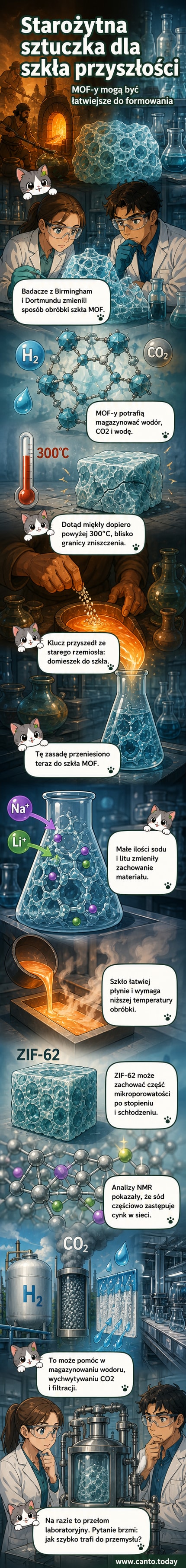 Ilustracja przedstawiająca mikroskopijną strukturę porowatego szkła MOF z dodatkiem sodu i litu, podgrzewanego w laboratorium, z widocznym przepływem gazów i wody przez jego pory.