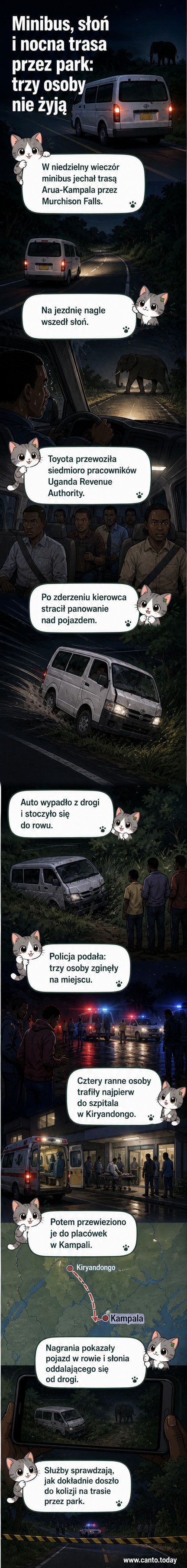 Uszkodzony minibus w rowie przy drodze w parku Murchison Falls, noc, sylwetka słonia w oddali