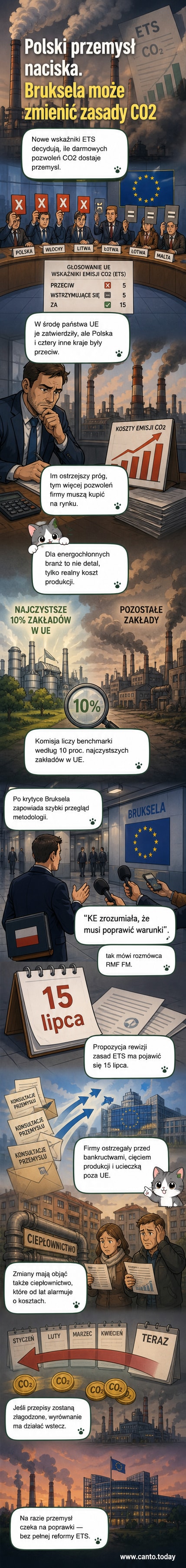 Ilustracja przedstawia fabrykę z kominami, z których wydobywa się para, na tle mapy Europy i wykresu emisji CO2, z symbolem ETS w tle.