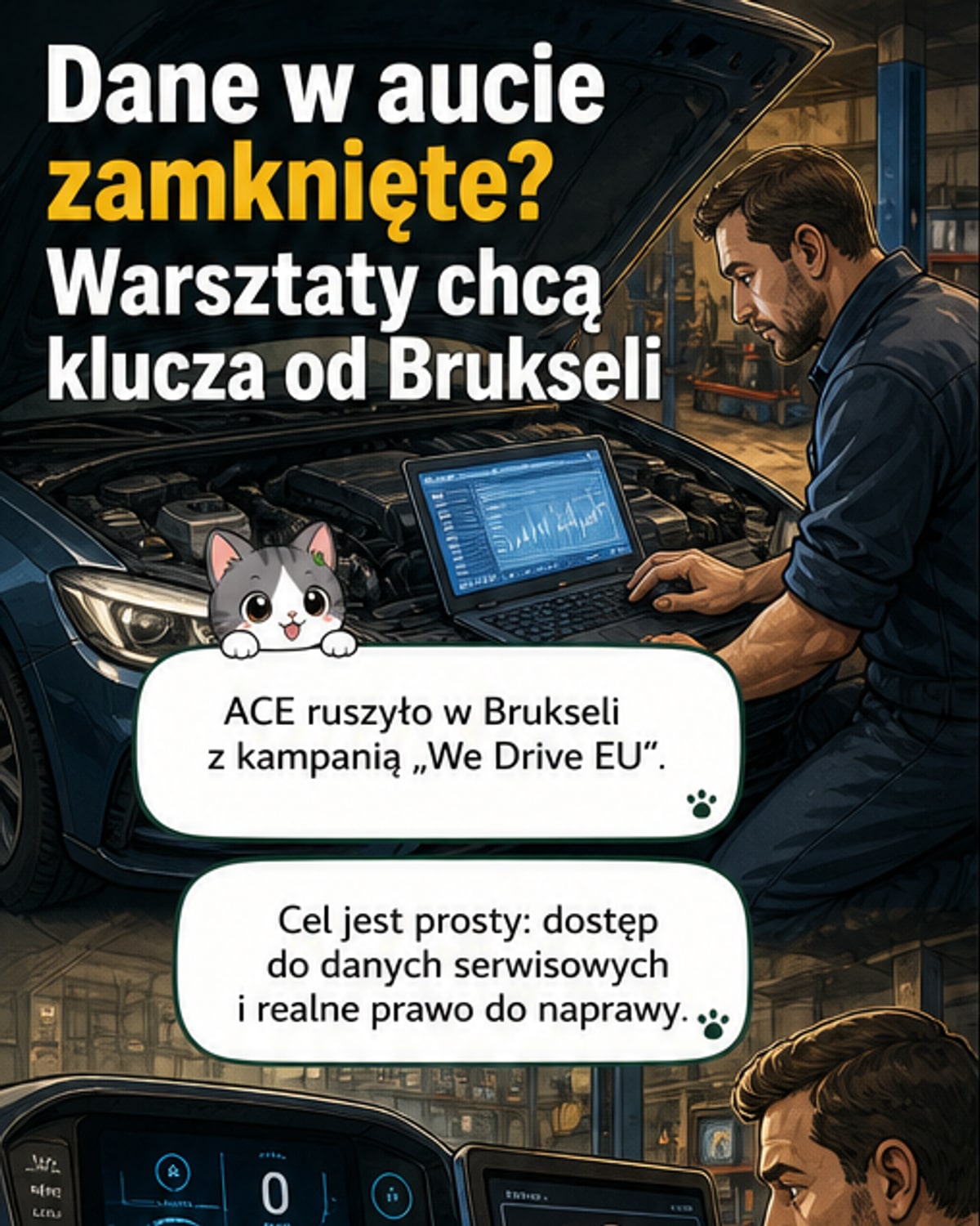 Ilustracja przedstawiająca warsztat samochodowy z mechanikami pracującymi przy różnych autach, na tle logotypów producentów i symboli danych cyfrowych.