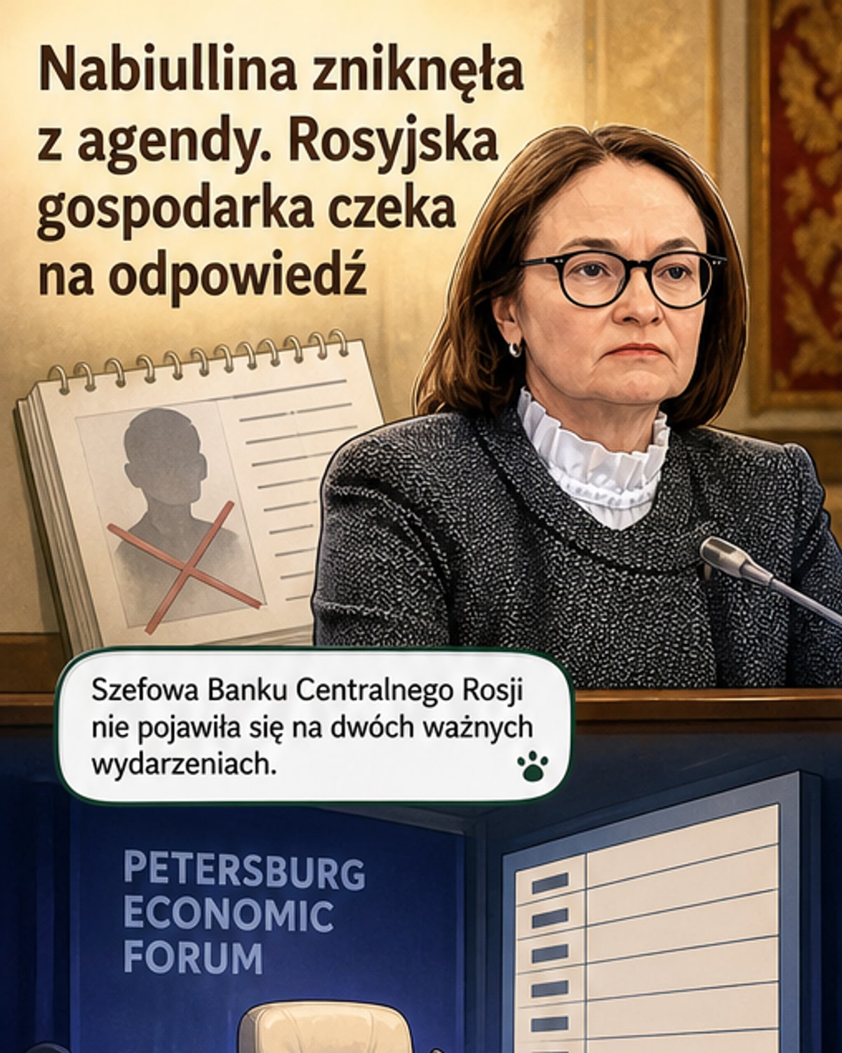 Ilustracja przedstawiająca Elwirę Nabiullinę w tle rosyjskiego banku centralnego, z cieniem Putina na tle, podczas gdy jej sylwetka zaczyna znikać.