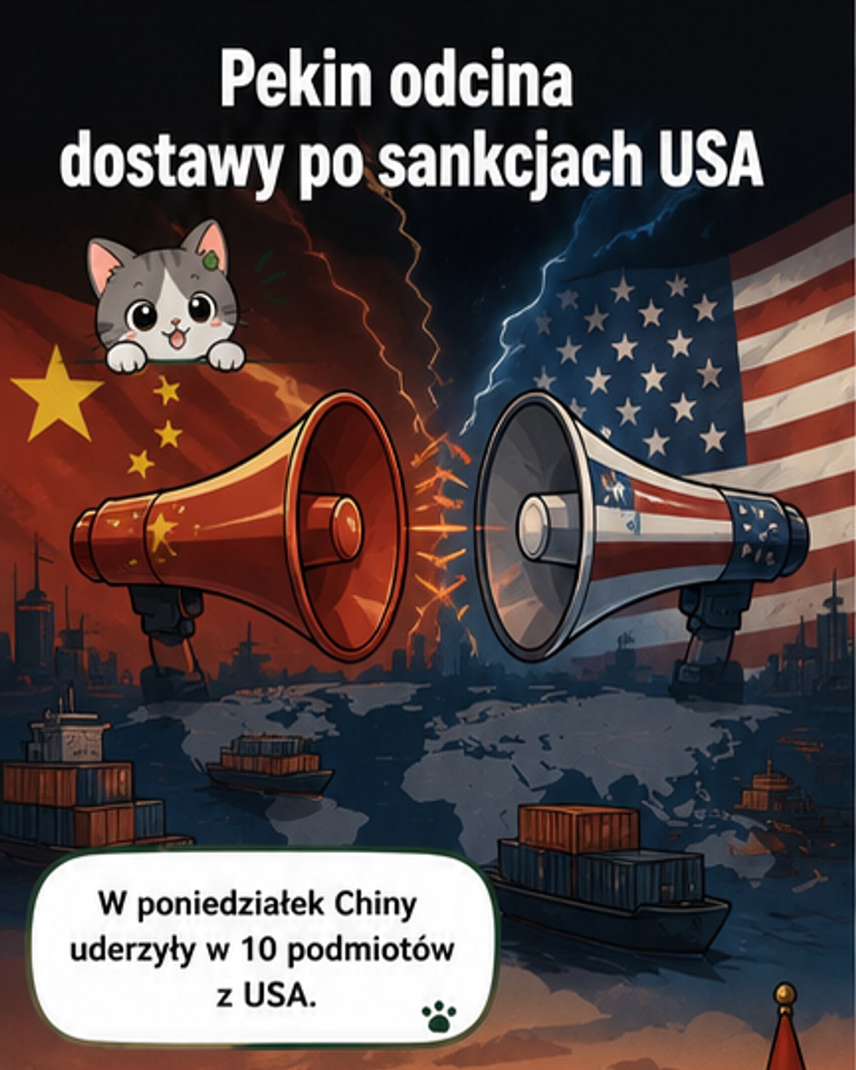 Ilustracja przedstawia blokowanie dostaw między Chinami a USA – kontenery z opisem 'metale ziem rzadkie' i 'drony' są zatrzymane na granicy, a tło to mapa z łańcuchami dostaw łączącymi Azję i Amerykę Północną.