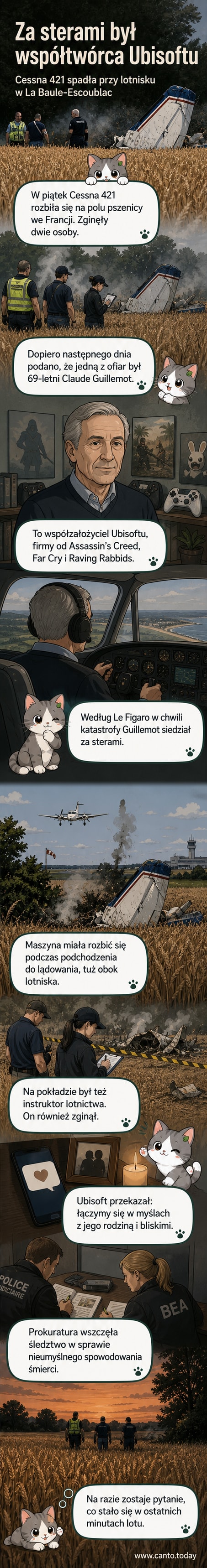 Samolot Cessna 421 po rozbiciu na polu pszenicy, ogień i dym w tle, we Francji