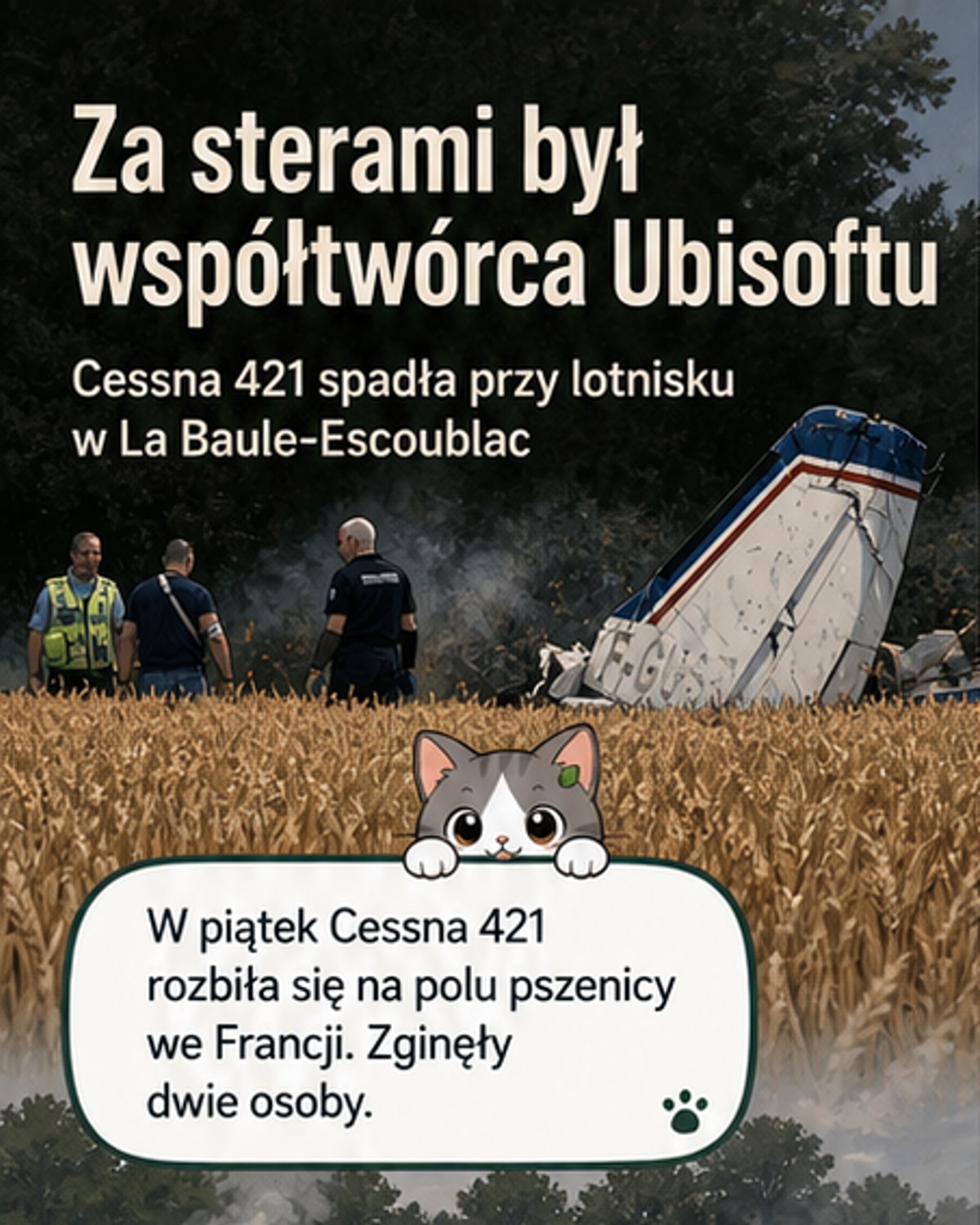 Samolot Cessna 421 po rozbiciu na polu pszenicy, ogień i dym w tle, we Francji