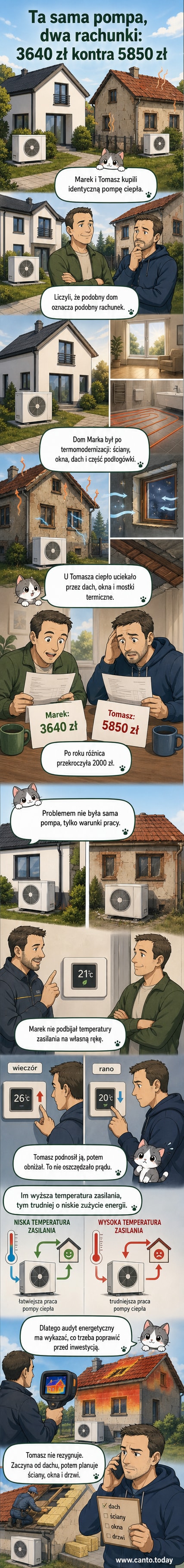 Ilustracja dwóch identycznych domów z różnymi rachunkami za ogrzewanie – jeden z niskimi kosztami po termomodernizacji, drugi z wysokimi po nieocieplonym budynku.