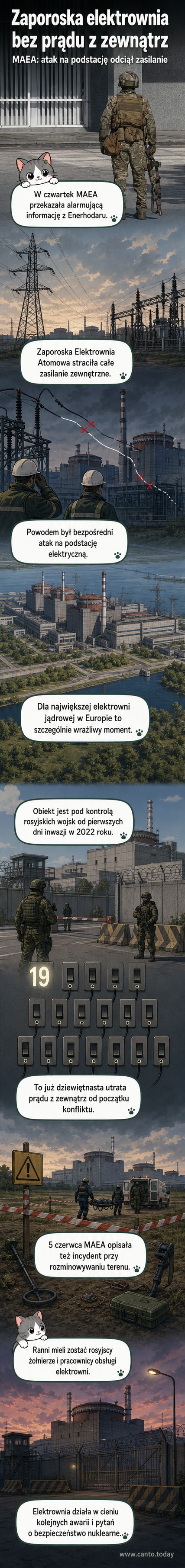 Ilustracja Zaporoskiej Elektrowni Atomowej z sygnalizacją utraty zasilania i oznaczeniem miejsca ataku na podstację elektryczną.
