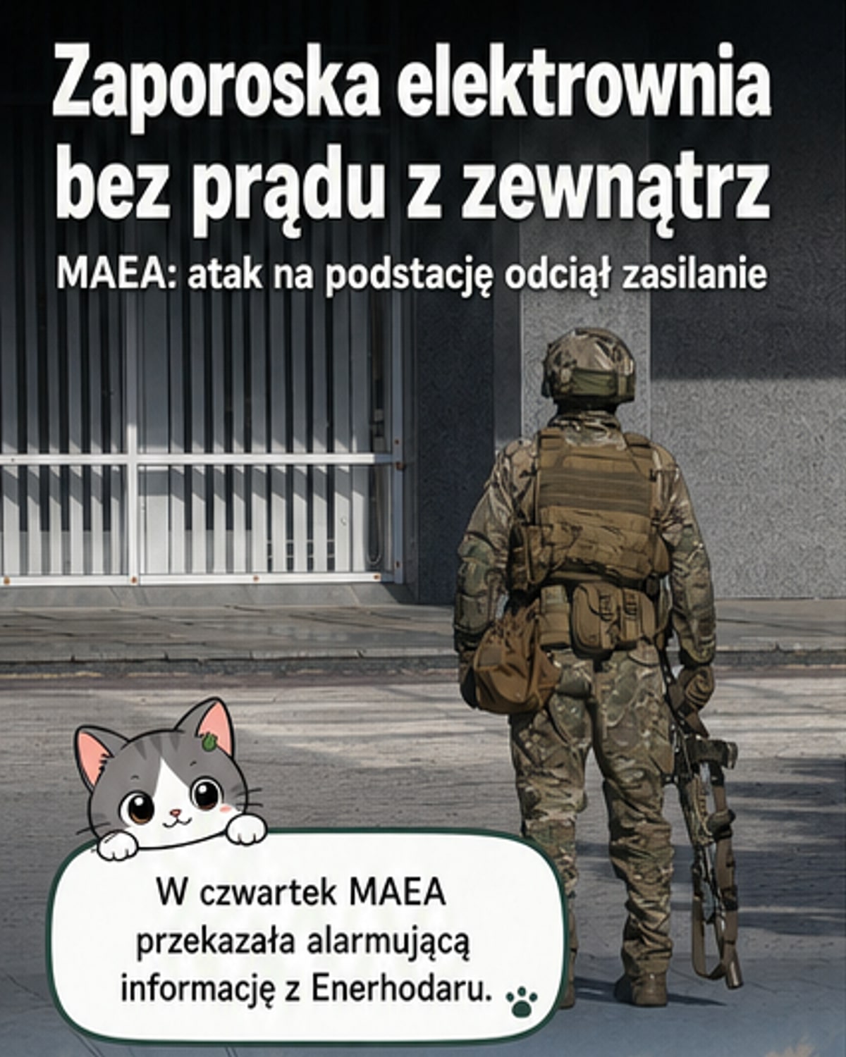 Ilustracja Zaporoskiej Elektrowni Atomowej z sygnalizacją utraty zasilania i oznaczeniem miejsca ataku na podstację elektryczną.