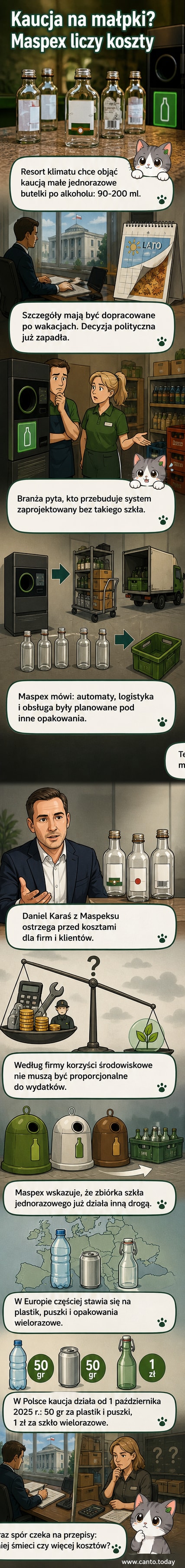 Ilustracja przedstawia szklane butelki alkoholu ('małpki') obok automatu do zwracania opakowań, z widoczną etykietą kaucyjną.