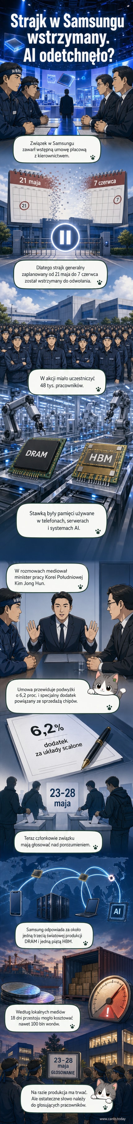 Ilustracja przedstawiająca wstrzymany strajk pracowników Samsunga, z symbolem półprzewodnika i grafiką pokazującą stabilność dostaw komponentów do urządzeń AI.