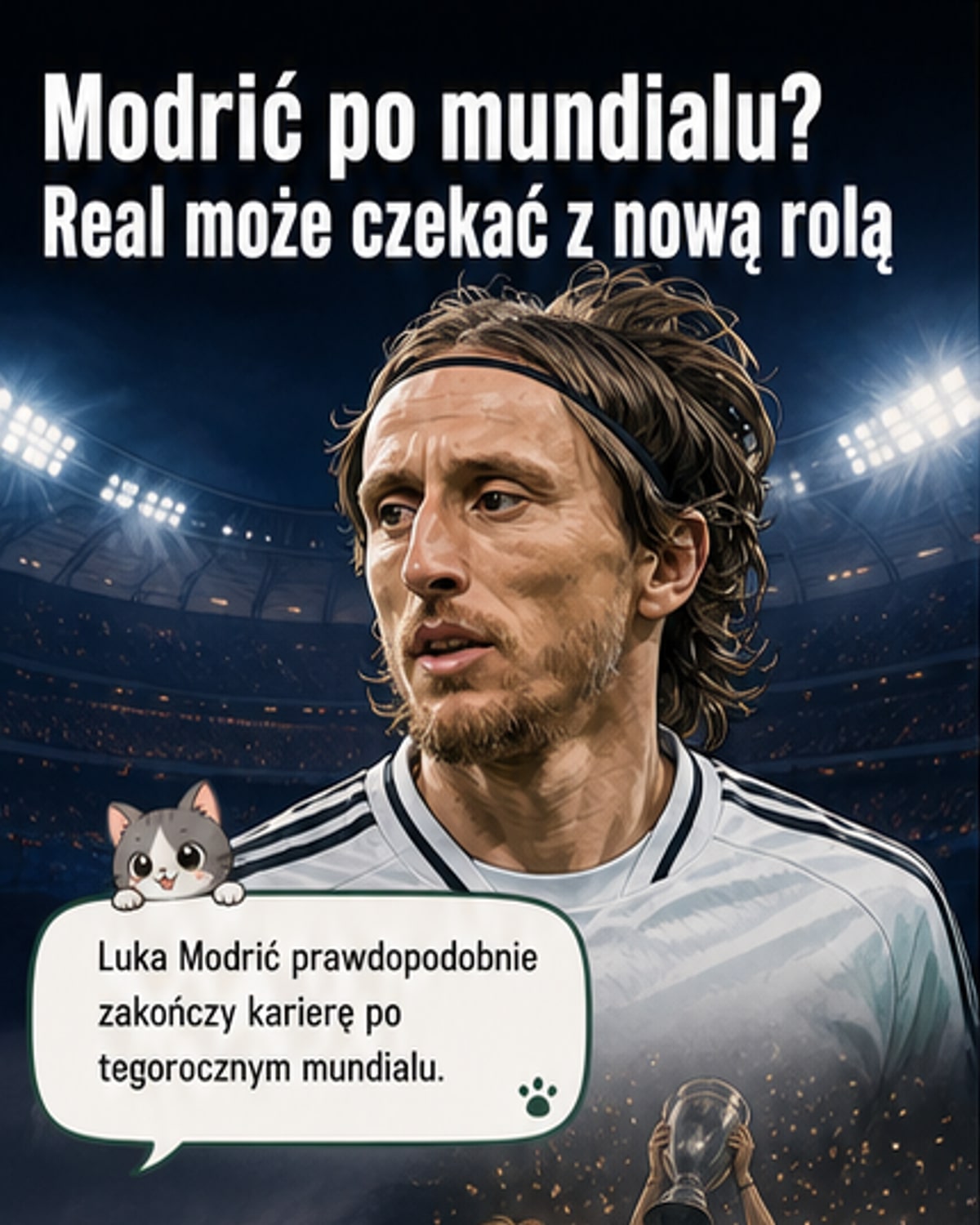 Portret Lukę Modrića w białym dresie Realu Madryt, z napisem 'Powrót legendy?'