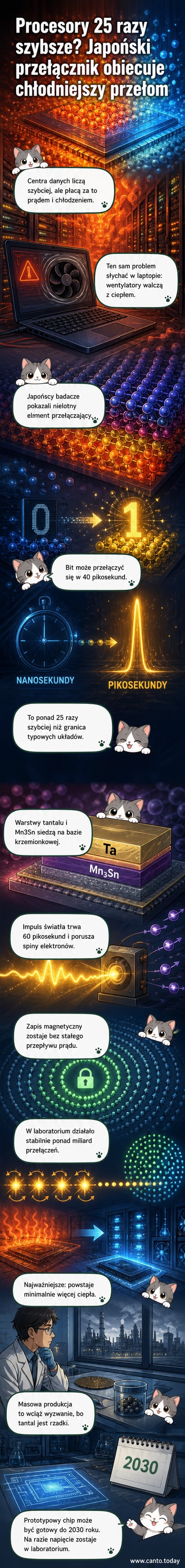Ilustracja pokazuje mikroskopijny układ z warstw tantalu i Mn3Sn, przez który przechodzą błyskawiczne impulsy światła, reprezentujące przetwarzanie danych bez wydzielania ciepła.